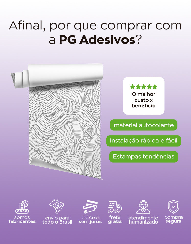 KIT DE 5 ROLOS - 2,50m x 50cm - Papel de Parede Adesivo Folha de Bananeira Cinza