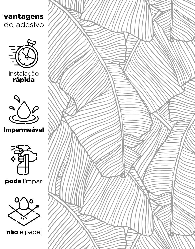 KIT DE 5 ROLOS - 2,50m x 50cm - Papel de Parede Adesivo Folha de Bananeira Cinza