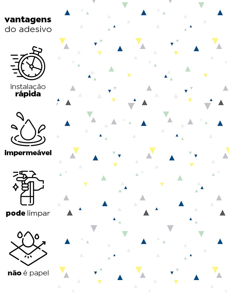 KIT DE 3 ROLOS - 3,00m x 50cm - Papel de Parede Adesivo Triângulos Baby