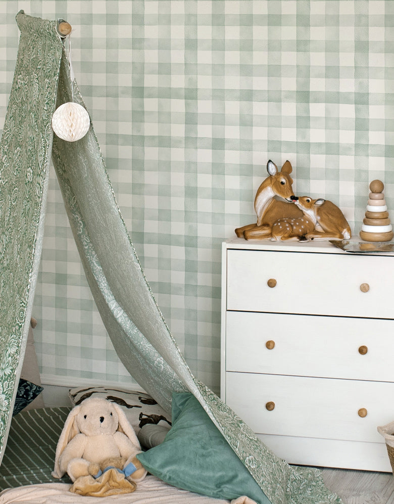 KIT DE 2 ROLOS - 2,50m x 50cm - Papel de Parede Adesivo Xadrez Vichy Aquarela Verde Menta