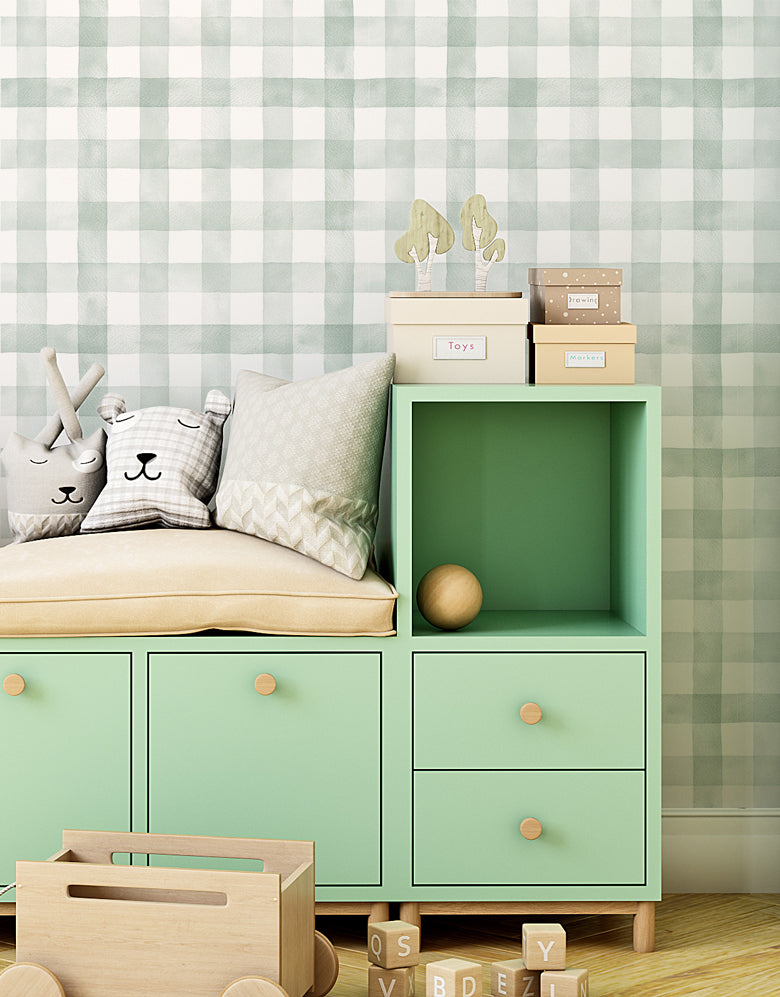 Papel de Parede Adesivo Xadrez Vichy Aquarela Verde Menta