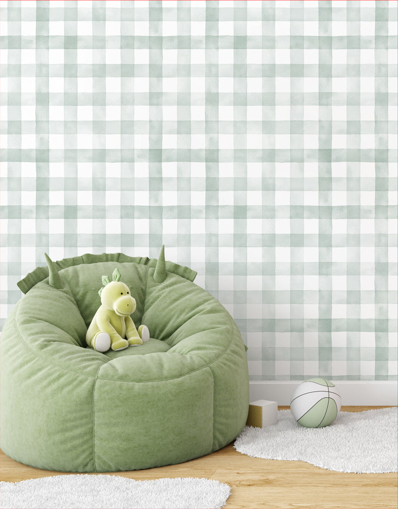 Papel de Parede Adesivo Xadrez Vichy Aquarela Verde Menta