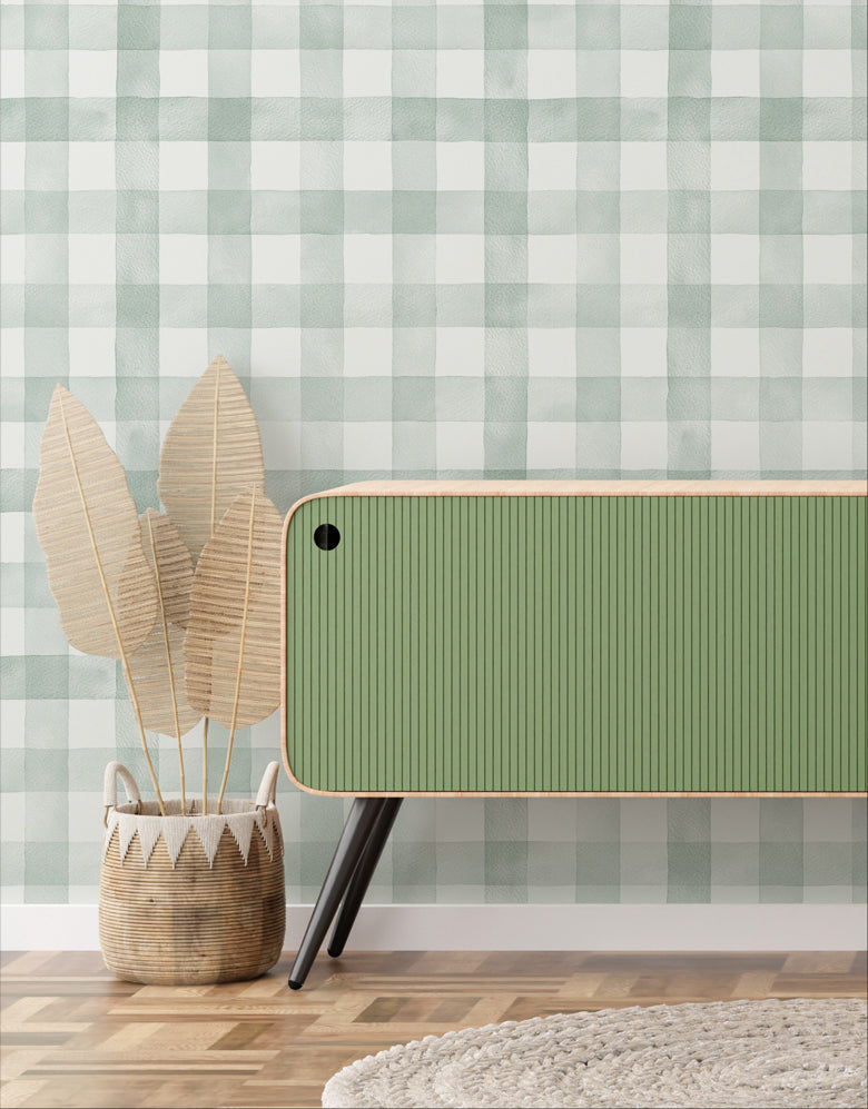 Papel de Parede Adesivo Xadrez Vichy Aquarela Verde Menta