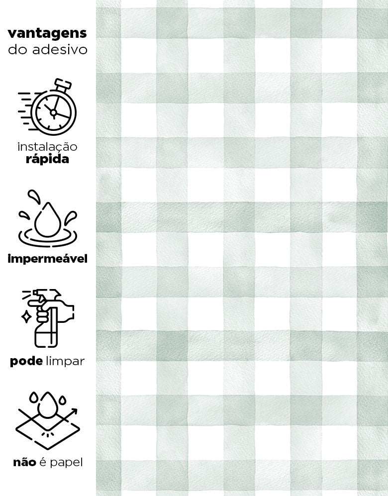 KIT DE 3 ROLOS - 3,00m x 50cm - Papel de Parede Adesivo Xadrez Vichy Aquarela Verde Menta