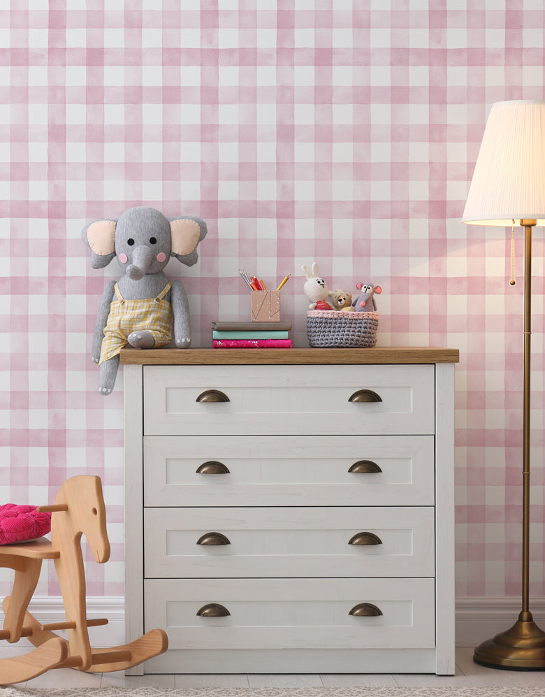 Papel de Parede Adesivo Xadrez Vichy Aquarela Rosa Ternura