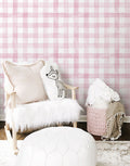 Papel de Parede Adesivo Xadrez Vichy Aquarela Rosa Ternura