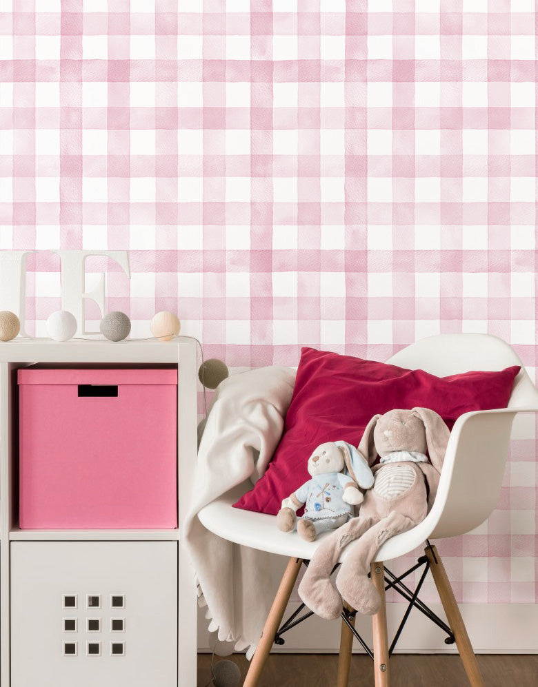 KIT DE 5 ROLOS - 1,50m x 50cm - Papel de Parede Adesivo Xadrez Vichy Aquarela Rosa Ternura