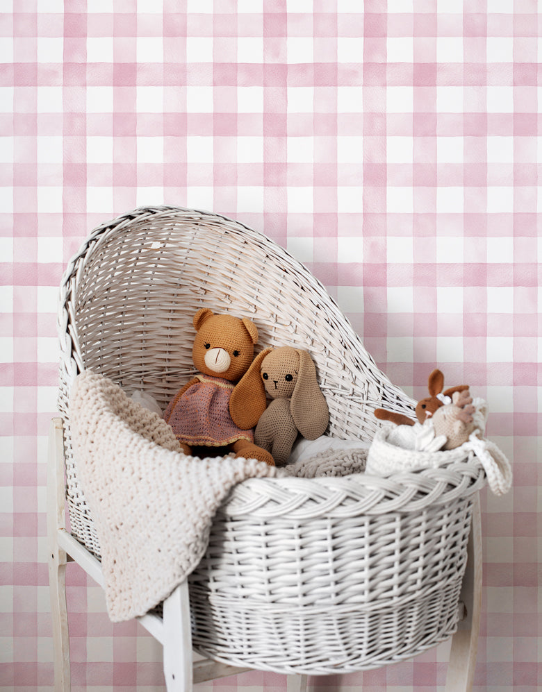 Papel de Parede Adesivo Xadrez Vichy Aquarela Rosa Ternura