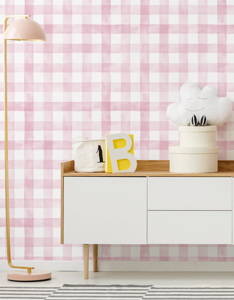 KIT DE 6 ROLOS - 1,50m x 50cm - Papel de Parede Adesivo Xadrez Vichy Aquarela Rosa Ternura