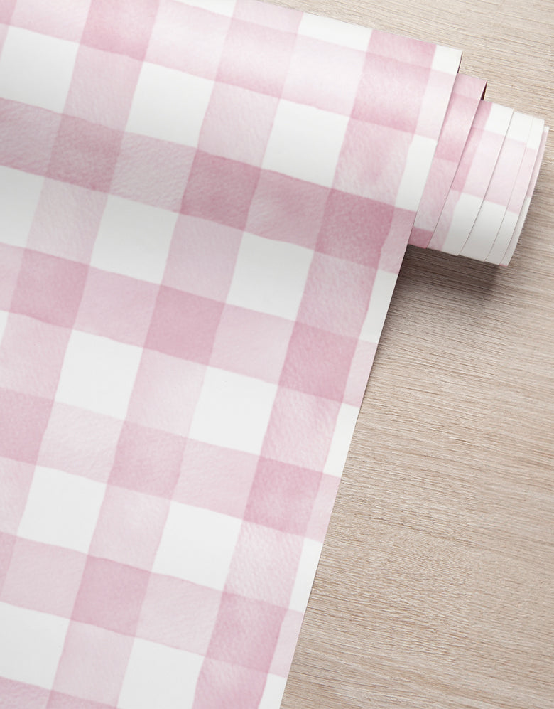 KIT DE 5 ROLOS - 1,50m x 50cm - Papel de Parede Adesivo Xadrez Vichy Aquarela Rosa Ternura