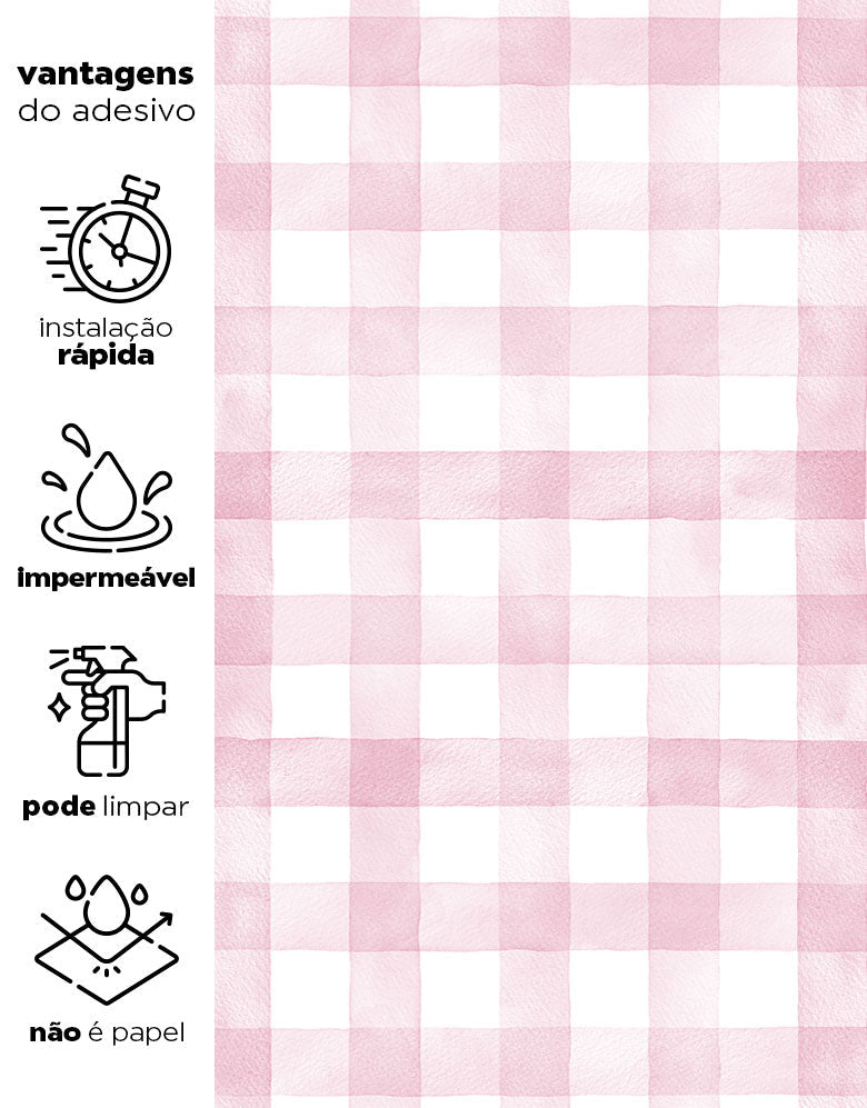 KIT DE 5 ROLOS - 1,50m x 50cm - Papel de Parede Adesivo Xadrez Vichy Aquarela Rosa Ternura