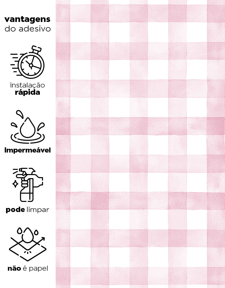 Papel de Parede Adesivo Xadrez Vichy Aquarela Rosa Ternura