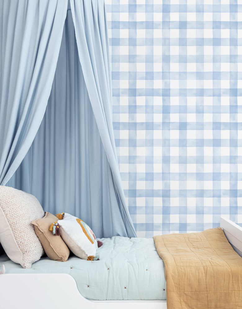 Papel de Parede Adesivo Xadrez Vichy Aquarela Azul Bebê