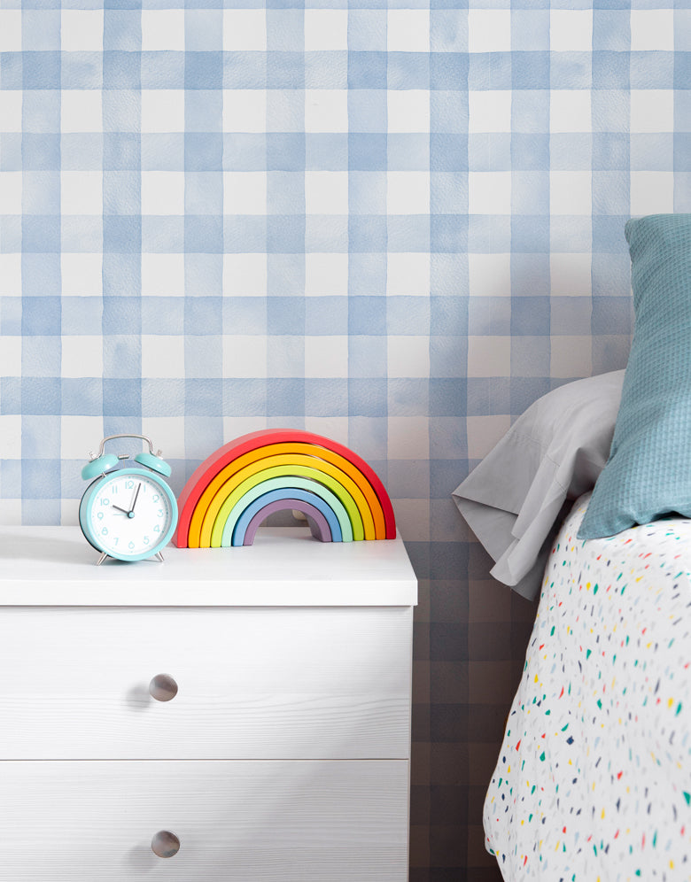 Papel de Parede Adesivo Xadrez Vichy Aquarela Azul Bebê