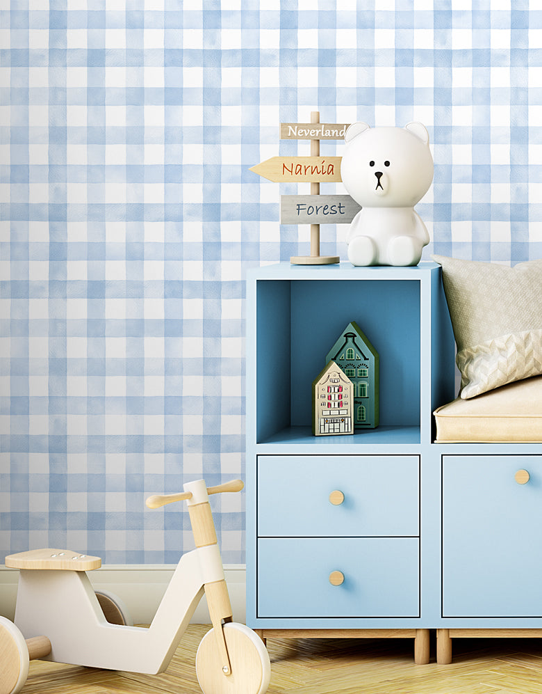 Papel de Parede Adesivo Xadrez Vichy Aquarela Azul Bebê