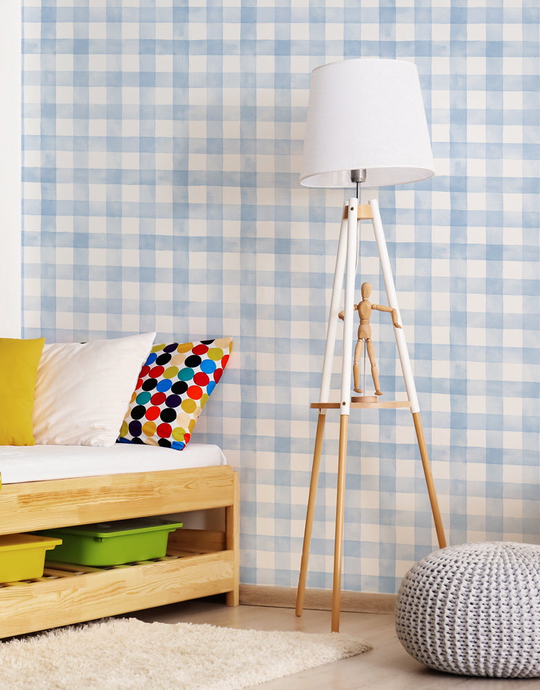 Papel de Parede Adesivo Xadrez Vichy Aquarela Azul Bebê