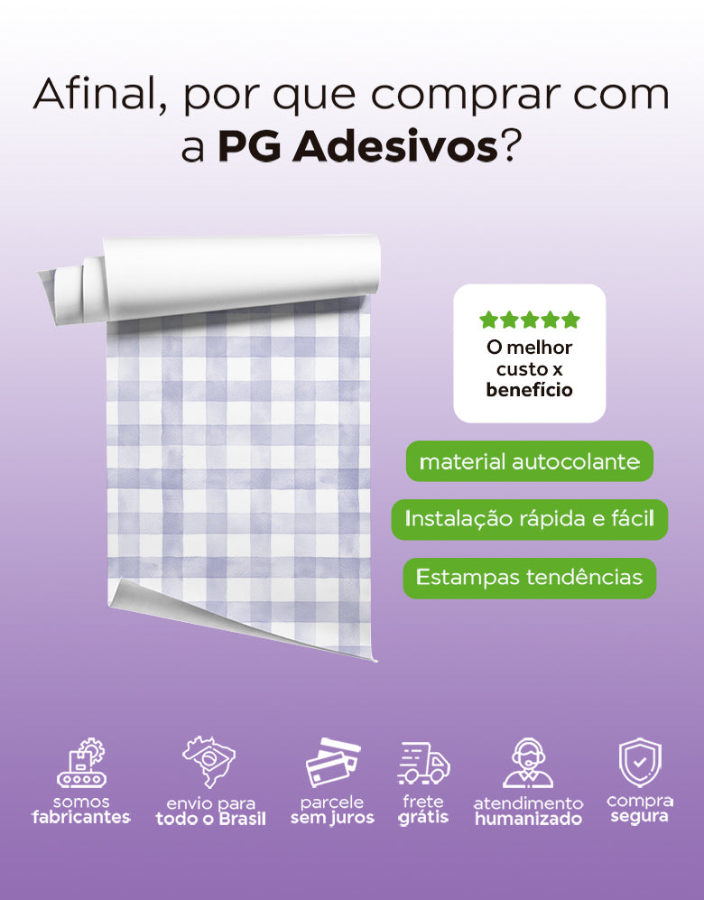 KIT DE 5 ROLOS - 1,50m x 50cm - Papel de Parede Adesivo Xadrez Vichy Aquarela Lilás