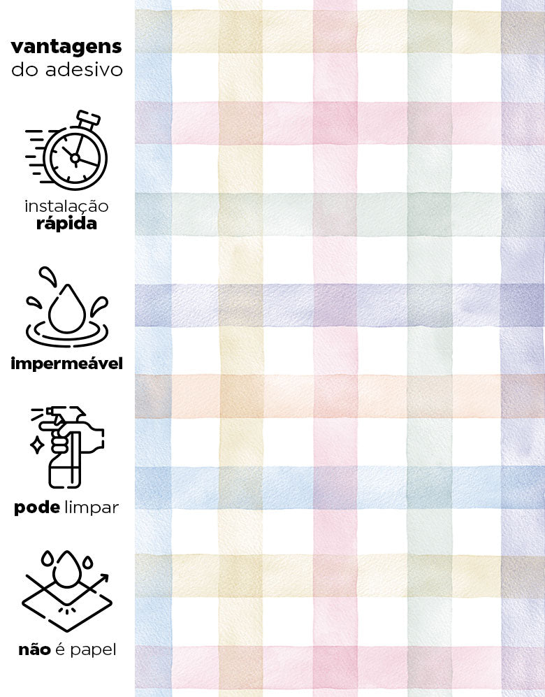 KIT DE 1 ROLOS - 3,00m x 50cm - Papel de Parede Adesivo Xadrez Vichy Aquarela Colorido