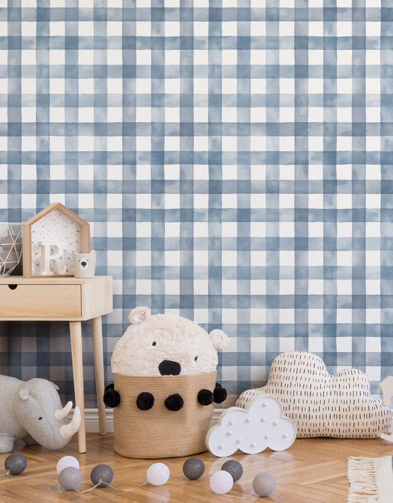 KIT DE 3 ROLOS - 3,00m x 50cm - Papel de Parede Adesivo Xadrez Vichy Aquarela Azul Noturno
