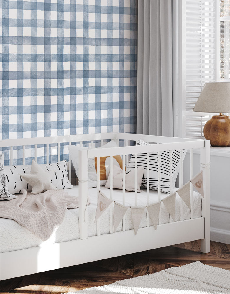 Papel de Parede Adesivo Xadrez Vichy Aquarela Azul Noturno