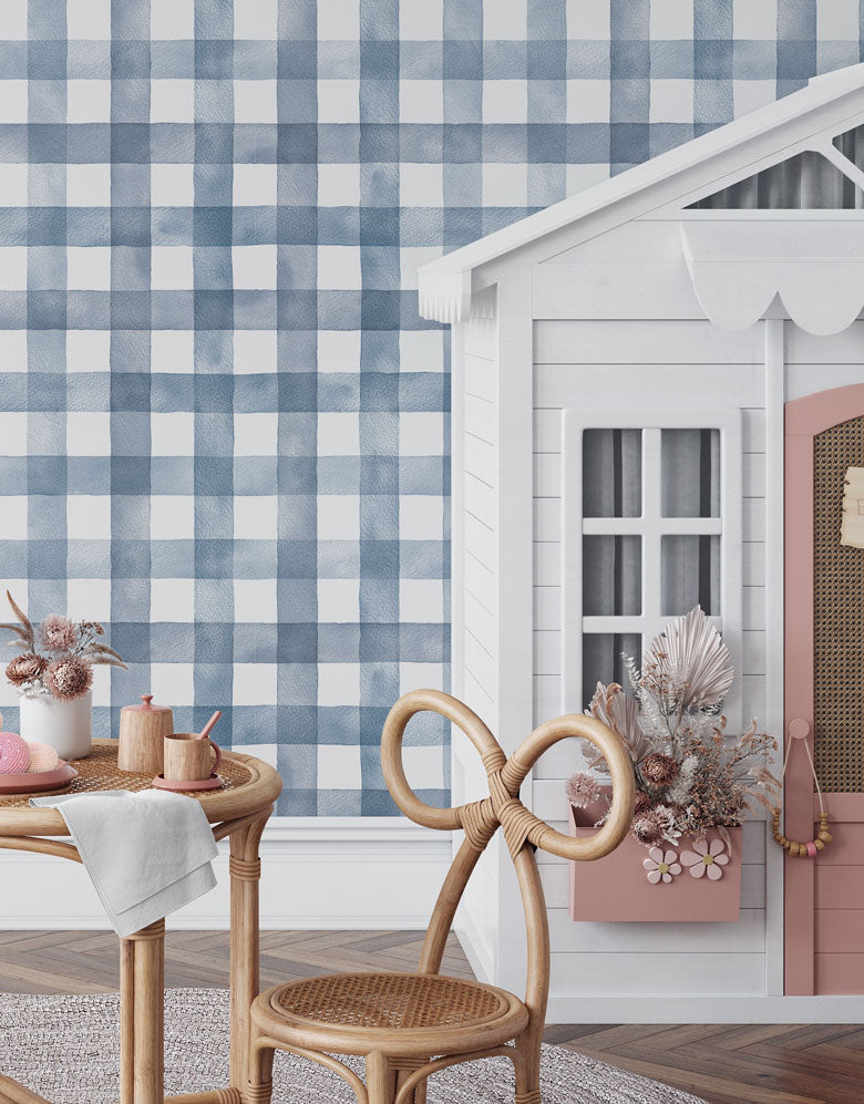 KIT DE 3 ROLOS - 3,00m x 50cm - Papel de Parede Adesivo Xadrez Vichy Aquarela Azul Noturno