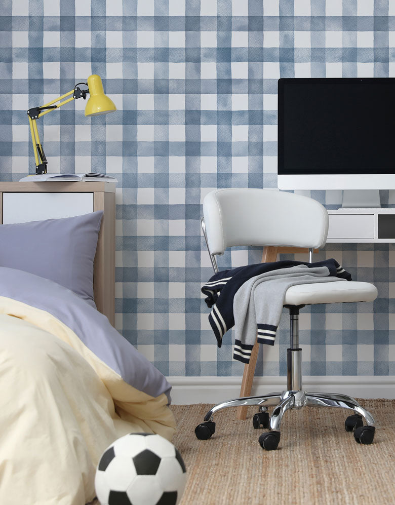 KIT DE 4 ROLOS - 1,00m x 50cm - Papel de Parede Adesivo Xadrez Vichy Aquarela Azul Noturno