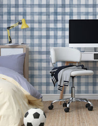 KIT DE 5 ROLOS - 1,00m x 50cm - Papel de Parede Adesivo Xadrez Vichy Aquarela Azul Noturno