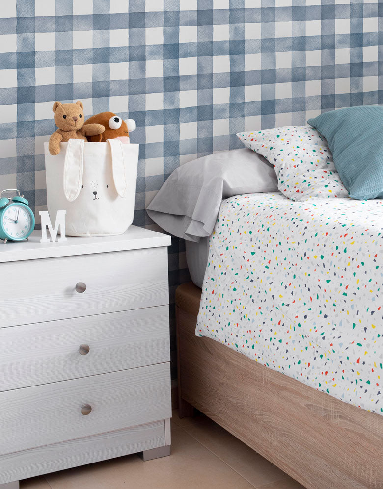 KIT DE 4 ROLOS - 1,00m x 50cm - Papel de Parede Adesivo Xadrez Vichy Aquarela Azul Noturno