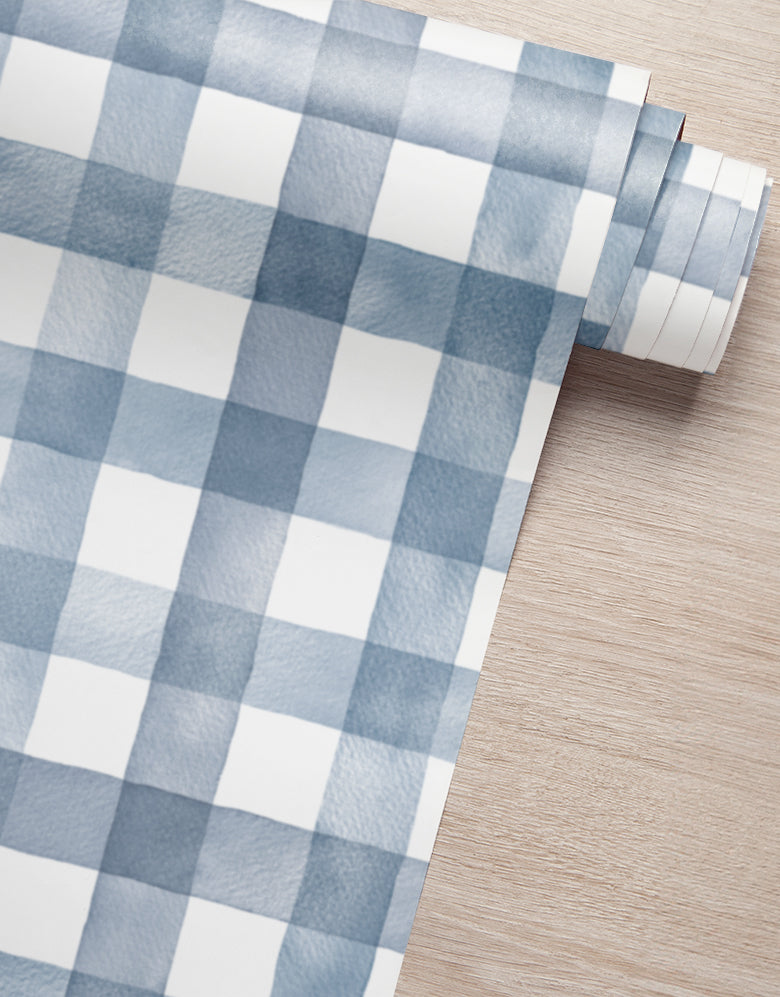 Papel de Parede Adesivo Xadrez Vichy Aquarela Azul Noturno