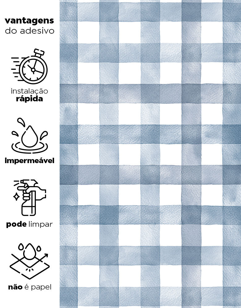 Papel de Parede Adesivo Xadrez Vichy Aquarela Azul Noturno