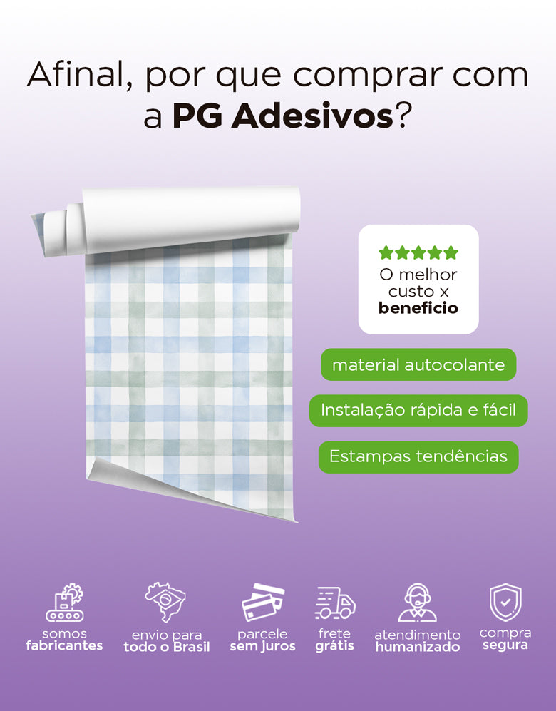 KIT DE 6 ROLOS - 3,00m x 50cm - Papel de Parede Adesivo Xadrez Vichy Aquarela Azul e Verde