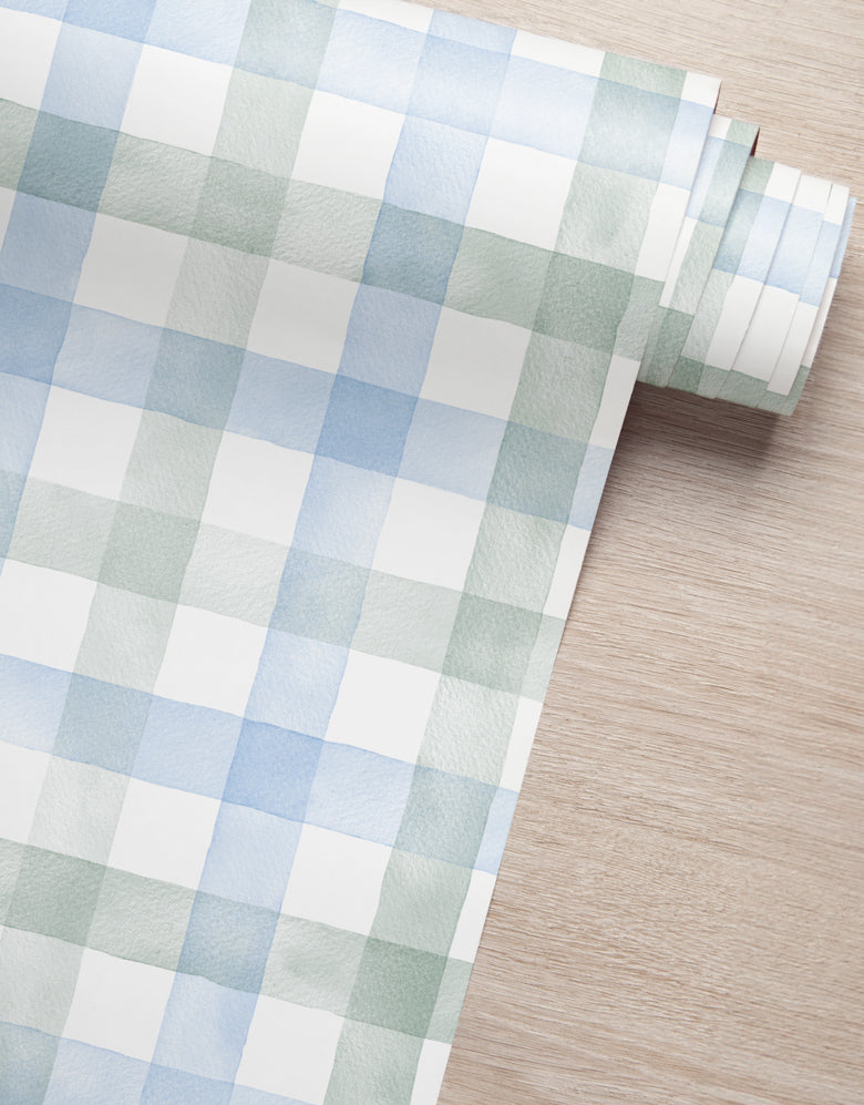 Papel de Parede Adesivo Xadrez Vichy Aquarela Azul e Verde