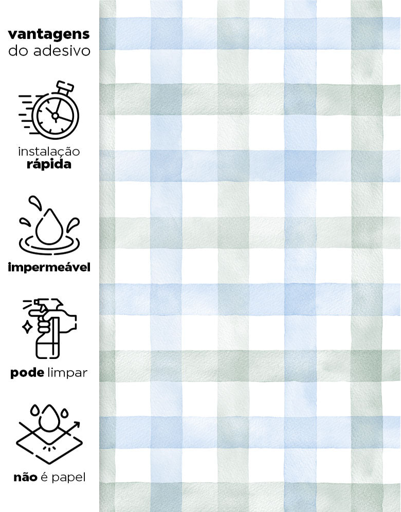 KIT DE 5 ROLOS - 2,50m x 50cm - Papel de Parede Adesivo Xadrez Vichy Aquarela Azul e Verde
