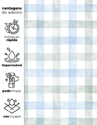 KIT DE 4 ROLOS - 3,00m x 50cm - Papel de Parede Adesivo Xadrez Vichy Aquarela Azul e Verde