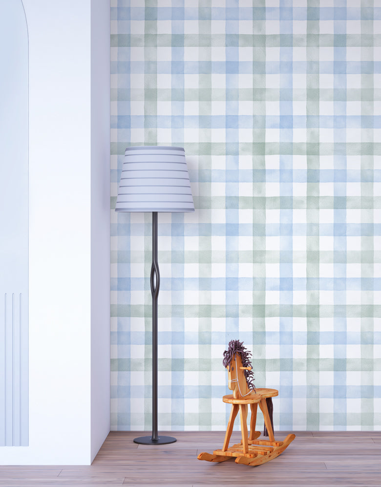 Papel de Parede Adesivo Xadrez Vichy Aquarela Azul e Verde