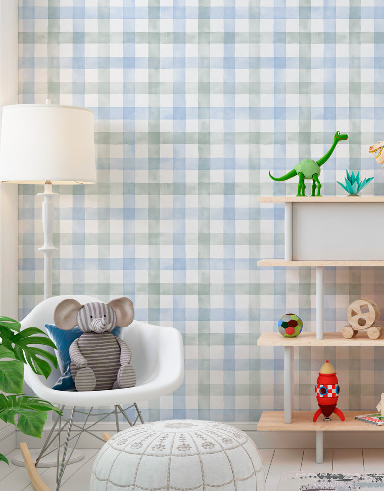 KIT DE 6 ROLOS - 3,00m x 50cm - Papel de Parede Adesivo Xadrez Vichy Aquarela Azul e Verde