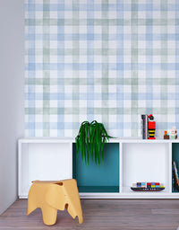 KIT DE 4 ROLOS - 3,00m x 50cm - Papel de Parede Adesivo Xadrez Vichy Aquarela Azul e Verde