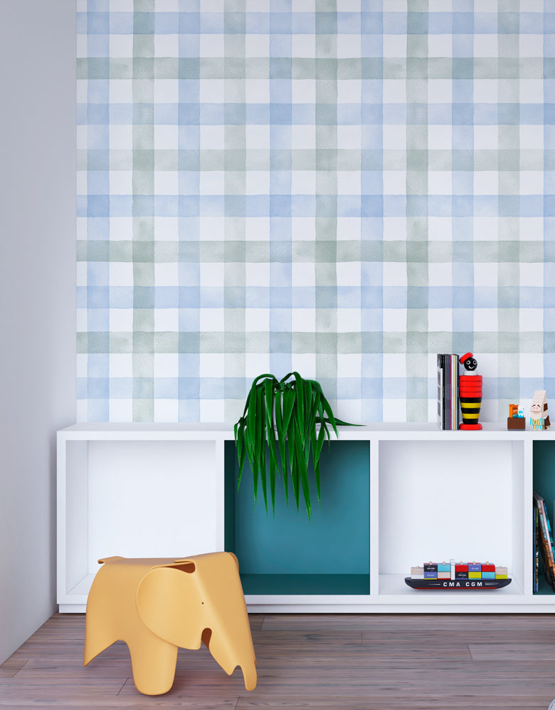 KIT DE 5 ROLOS - 2,50m x 50cm - Papel de Parede Adesivo Xadrez Vichy Aquarela Azul e Verde