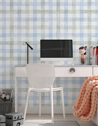 Papel de Parede Adesivo Xadrez Vichy Aquarela Azul e Verde