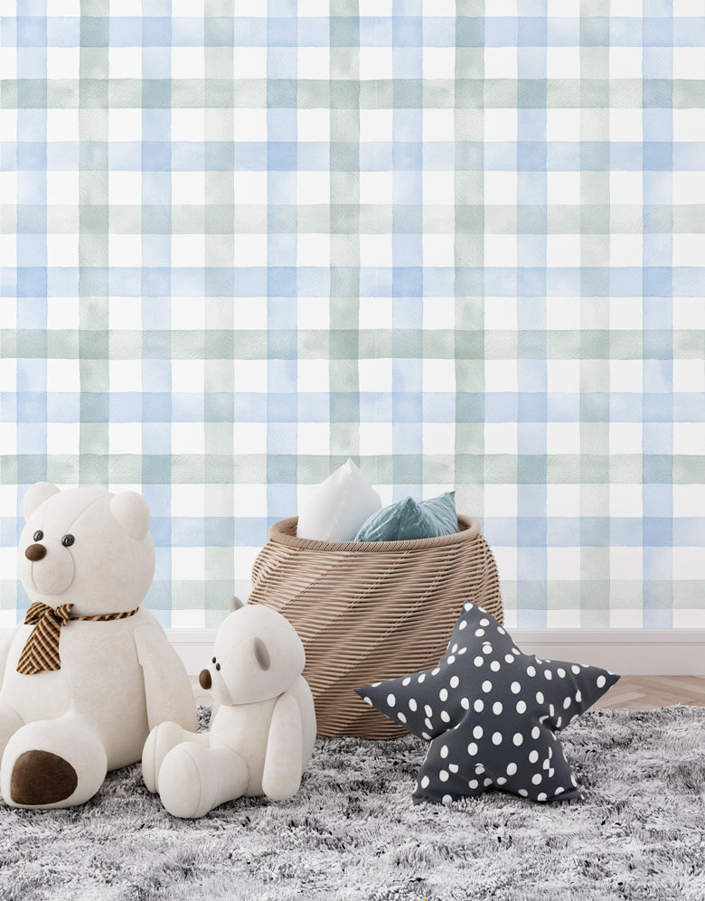 Papel de Parede Adesivo Xadrez Vichy Aquarela Azul e Verde