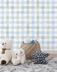 KIT DE 5 ROLOS - 2,50m x 50cm - Papel de Parede Adesivo Xadrez Vichy Aquarela Azul e Verde