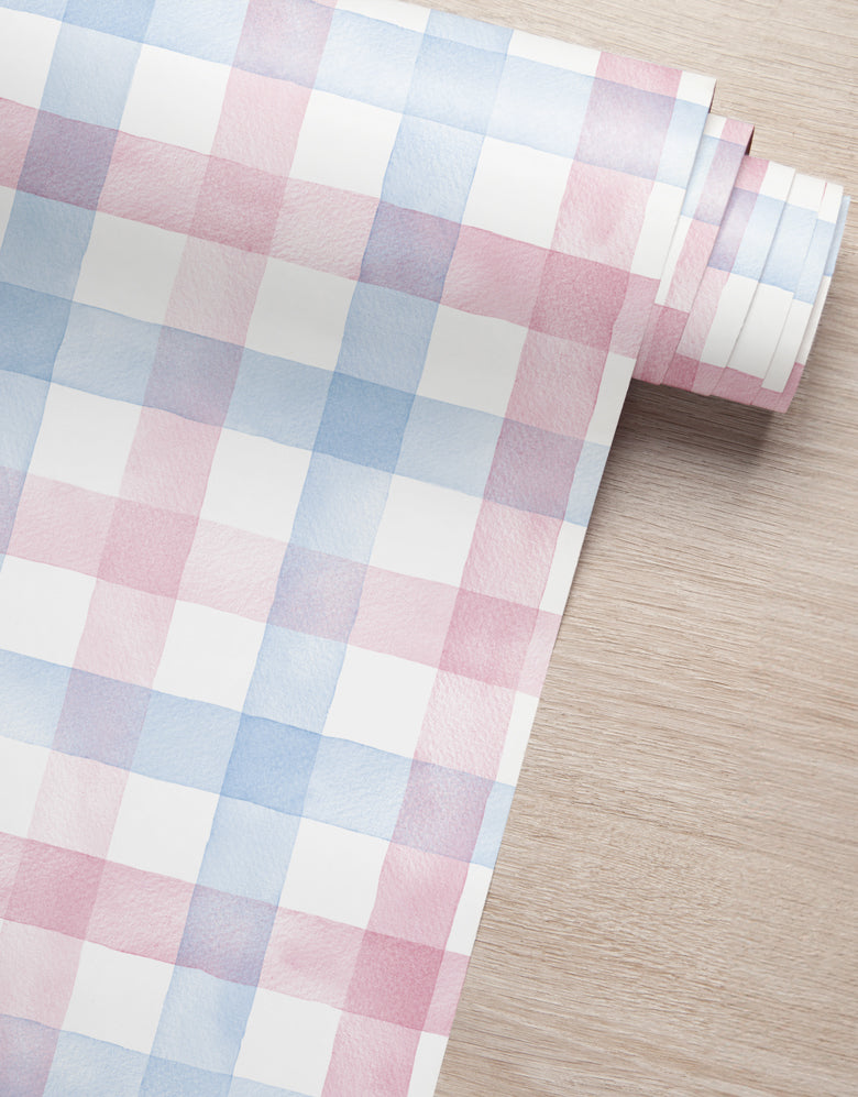 Papel de Parede Adesivo Xadrez Vichy Aquarela Azul e Rosa