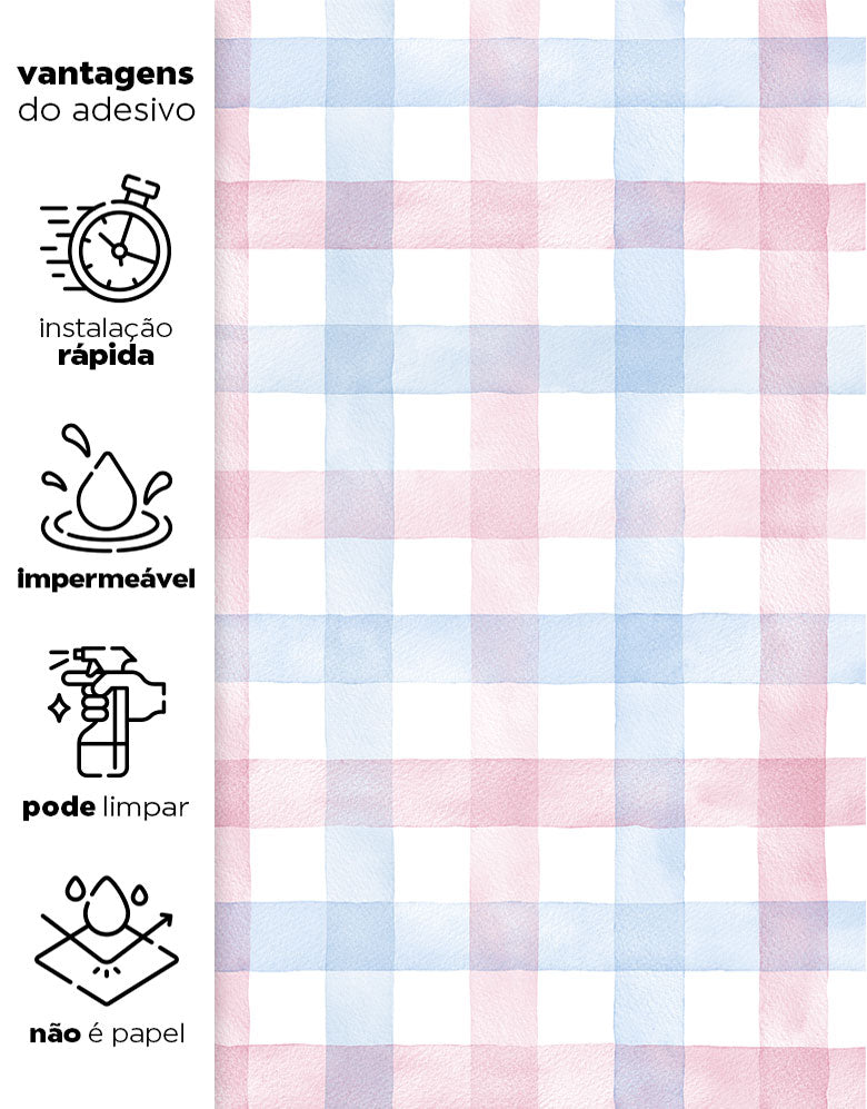 Papel de Parede Adesivo Xadrez Vichy Aquarela Azul e Rosa