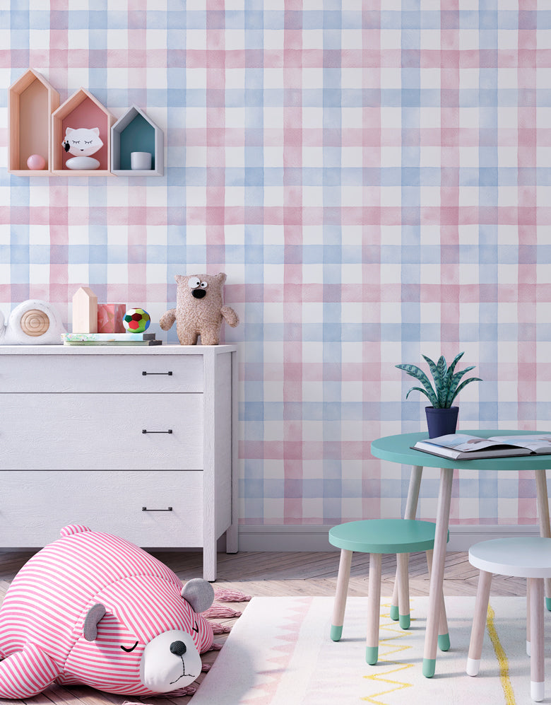 Papel de Parede Adesivo Xadrez Vichy Aquarela Azul e Rosa