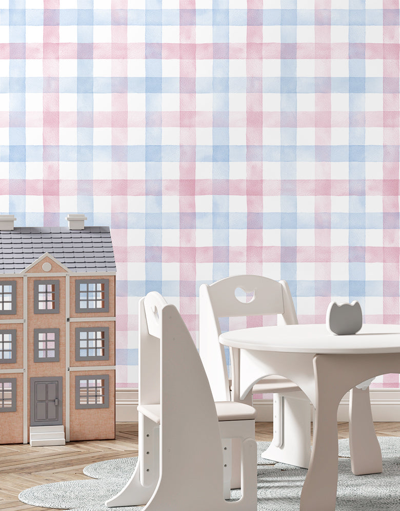 Papel de Parede Adesivo Xadrez Vichy Aquarela Azul e Rosa