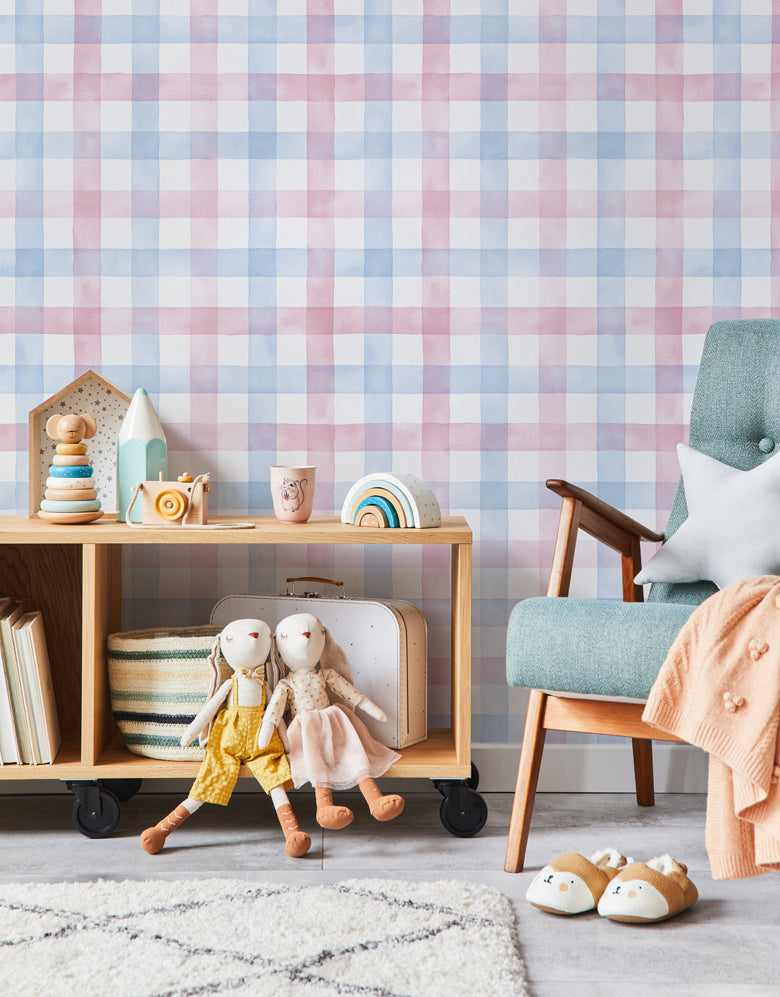 Papel de Parede Adesivo Xadrez Vichy Aquarela Azul e Rosa