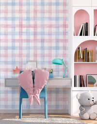 Papel de Parede Adesivo Xadrez Vichy Aquarela Azul e Rosa