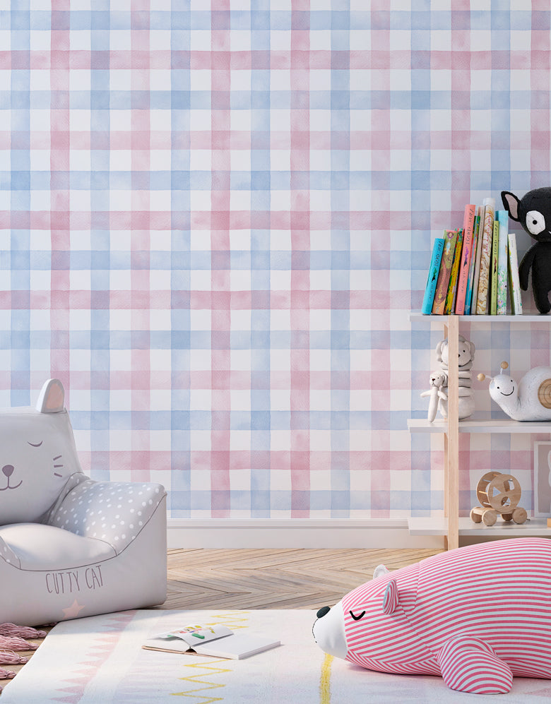 Papel de Parede Adesivo Xadrez Vichy Aquarela Azul e Rosa