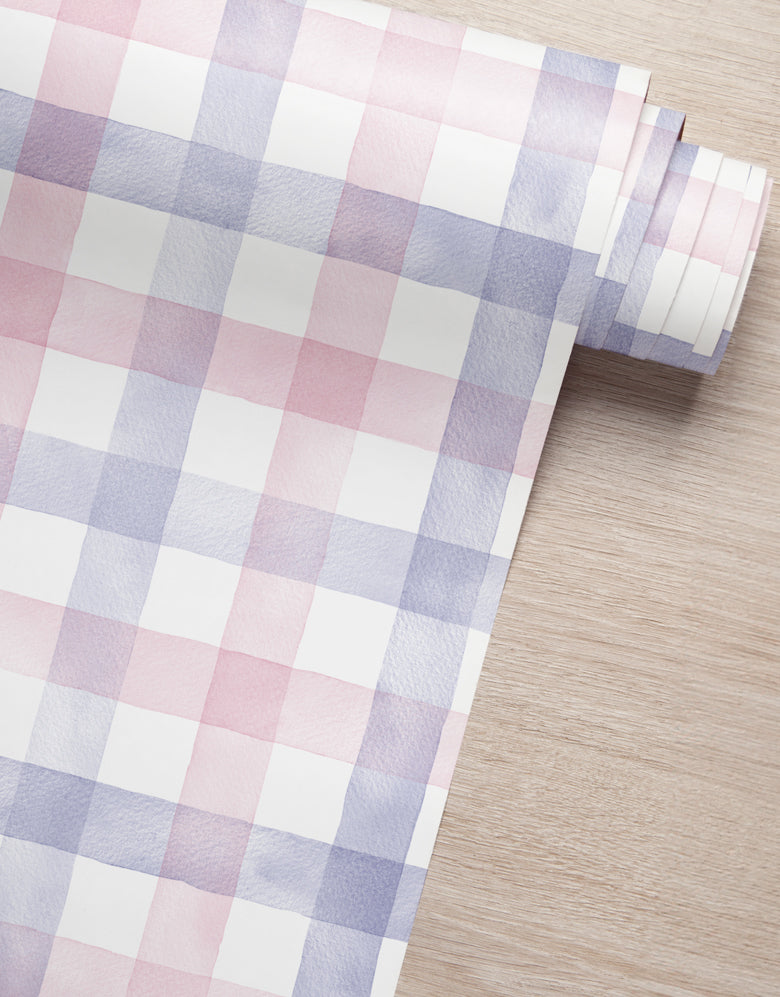 Papel de Parede Adesivo Xadrez Vichy Aquarela Rosa e Lilás