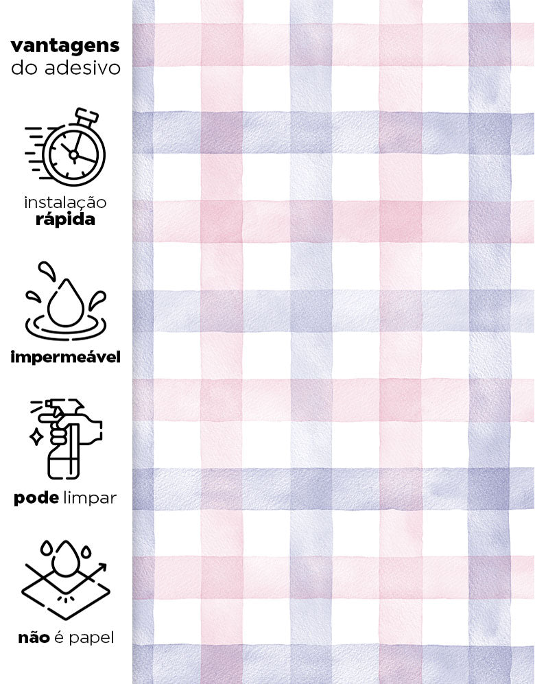 KIT DE 4 ROLOS - 1,00m x 50cm - Papel de Parede Adesivo Xadrez Vichy Aquarela Rosa e Lilás